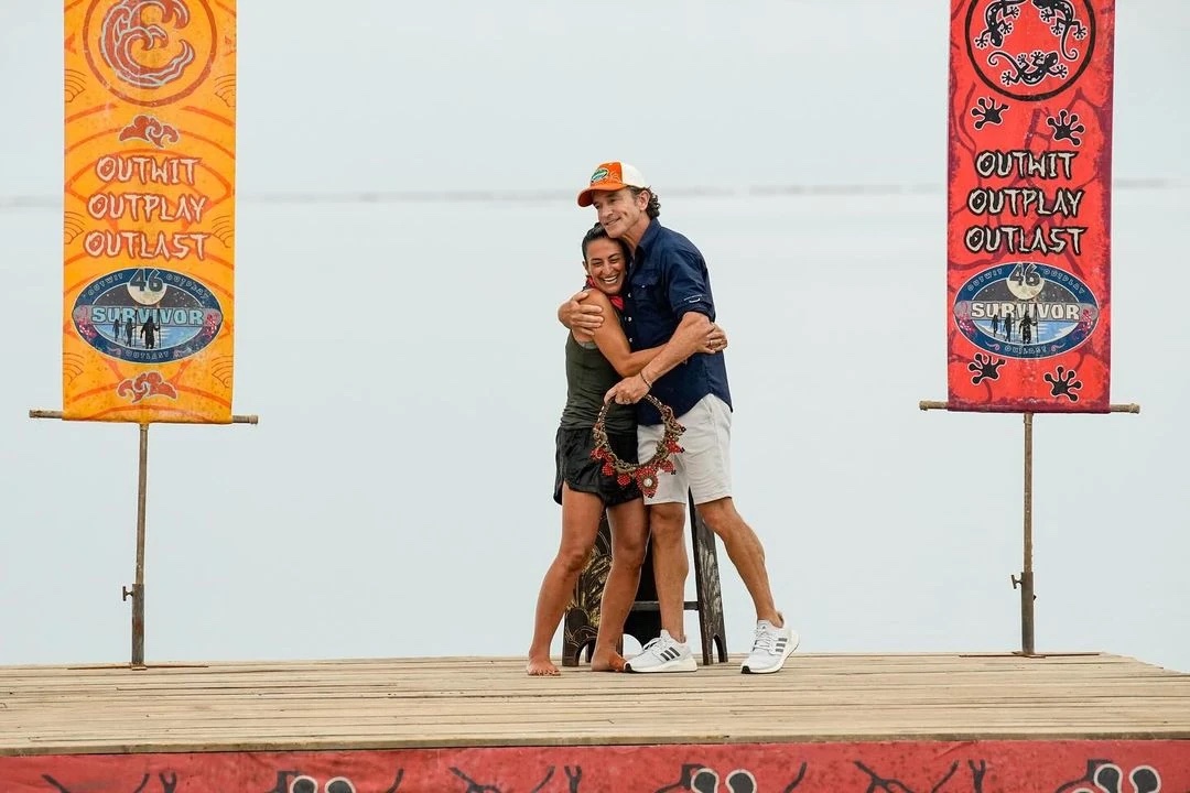 Maria Shrime Gonzalez hugs Jeff Probst after winning individual immunity on Survivor 46